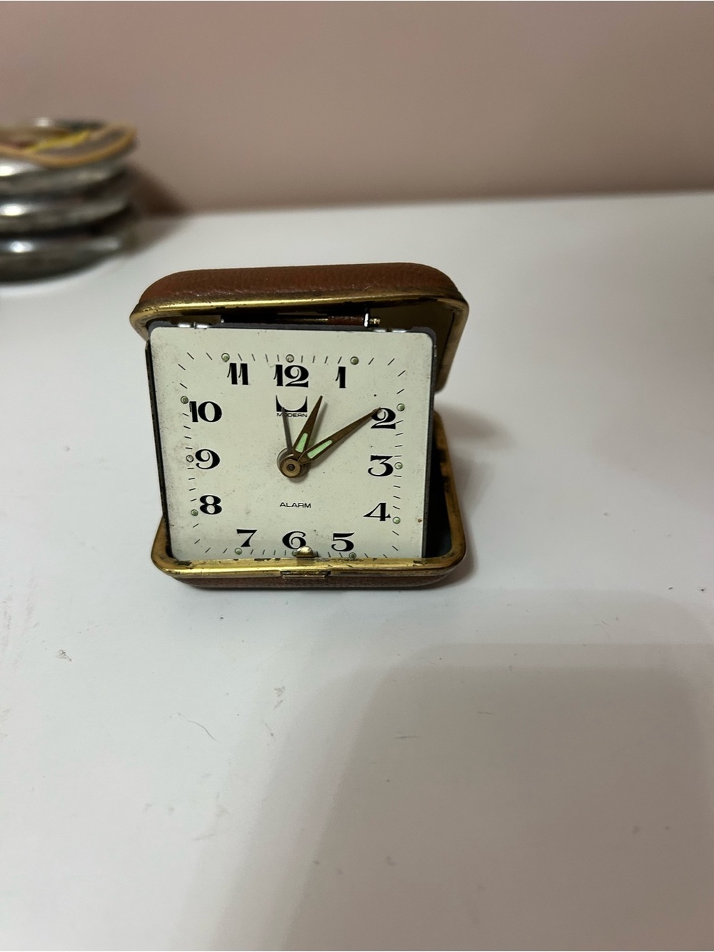 4/$100 Vintage Brown Travel Alarm Clock - Gold Accents